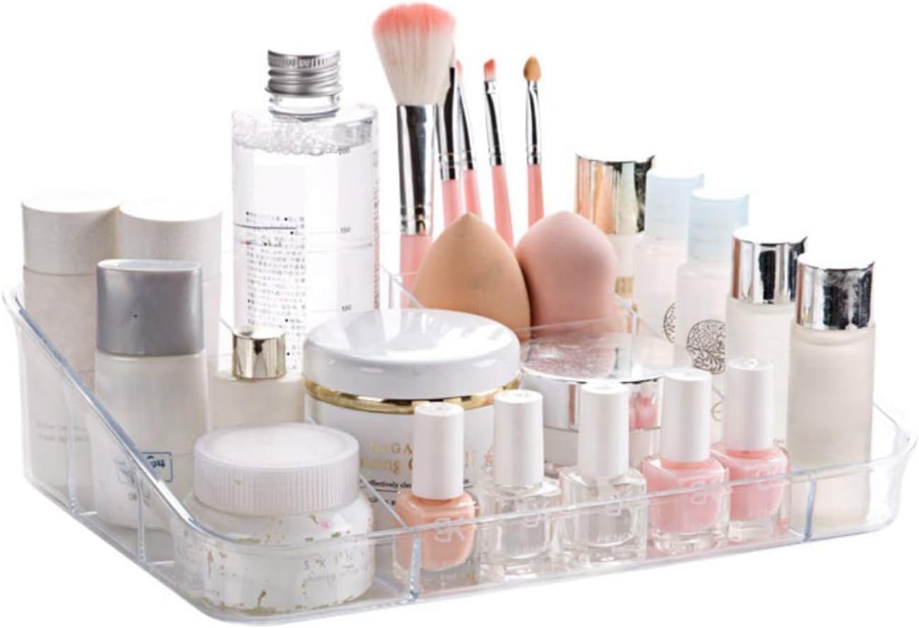 SUNFICON Makeup Tray Organizer Cosmetic Display Case Office Stationery Storage Holder Countertop Storage Unit Makeup Box for Bathroom DrawersVanities Office DeskWashable Crystal Clear Acrylic
